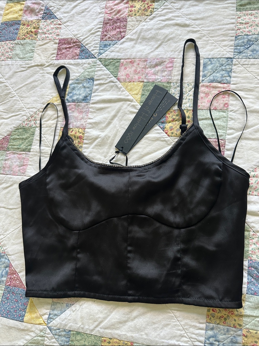 L—Black Satin Crop Cami Top with Adjustable Straps